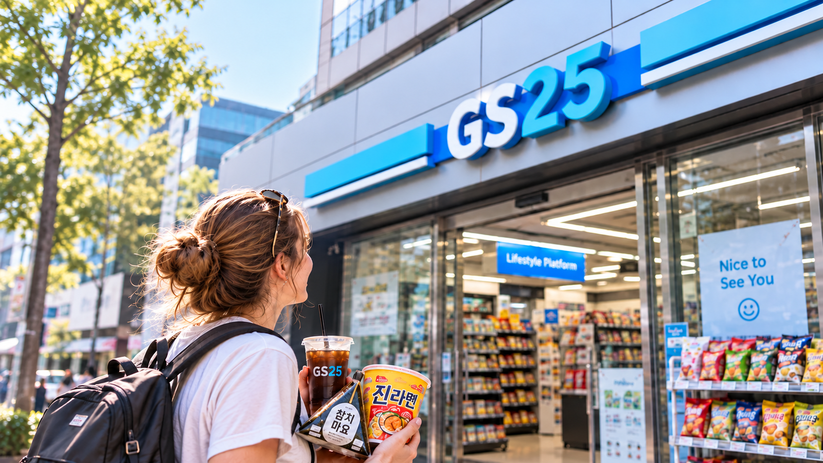 Person holding an iced drink, a triangular rice snack and a cup of noodles outside a GS25 convenience store