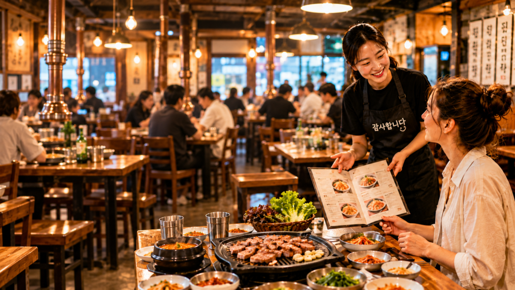 Restaurant worker showing a menu to a seated person beside a table of grilled meat and side dishes