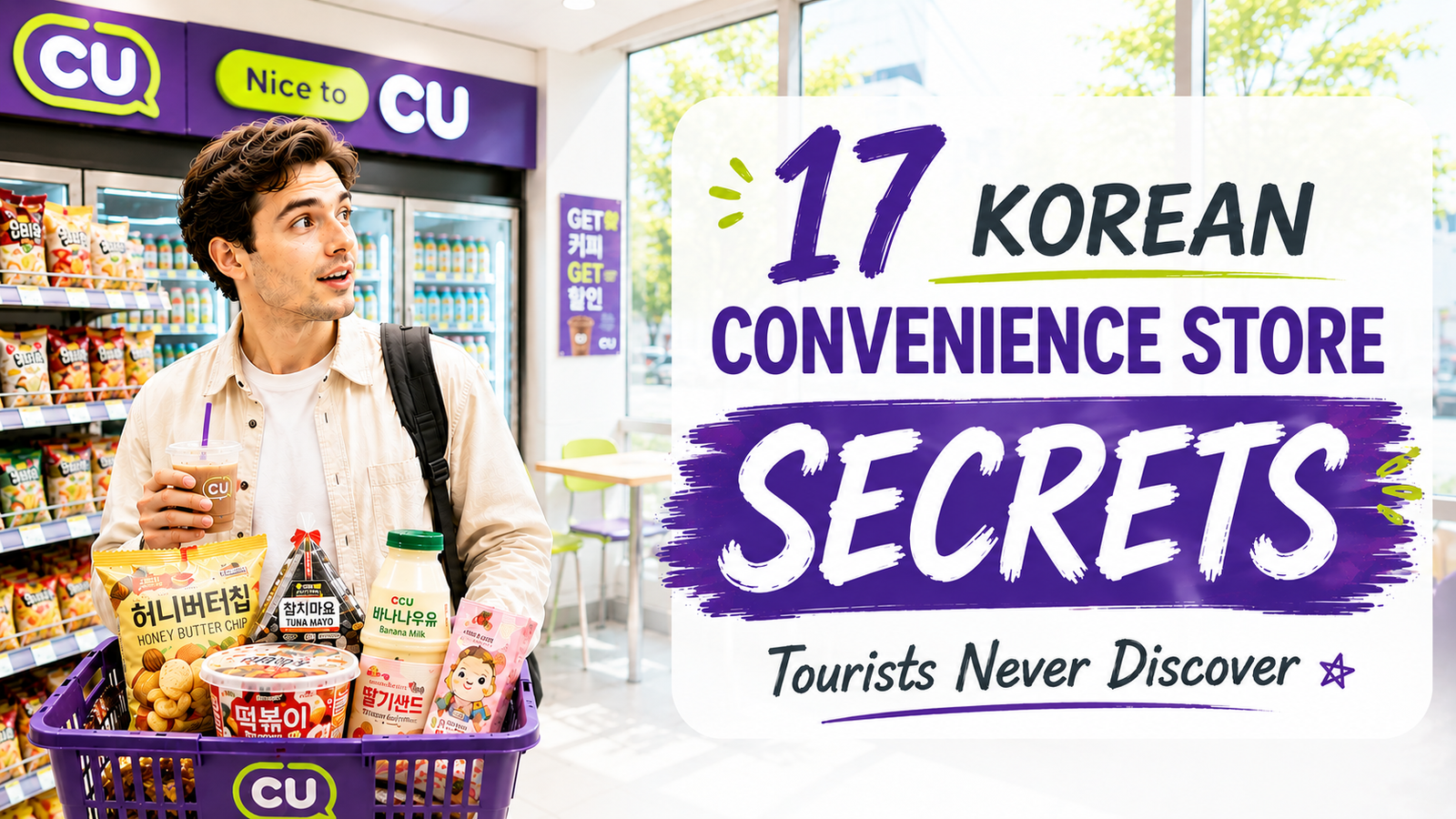 Young traveler inside a Korean convenience store discovering local snacks and hidden shopping tips.