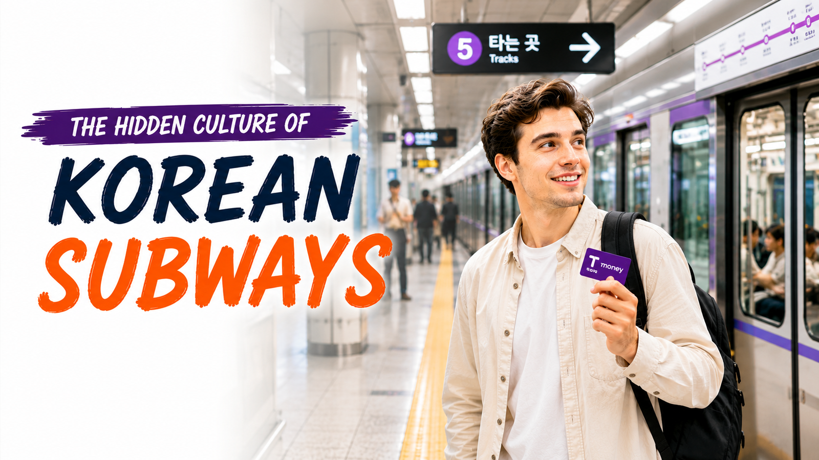 Tourist using the Korean subway with a T-money card at a modern subway station in Seoul.