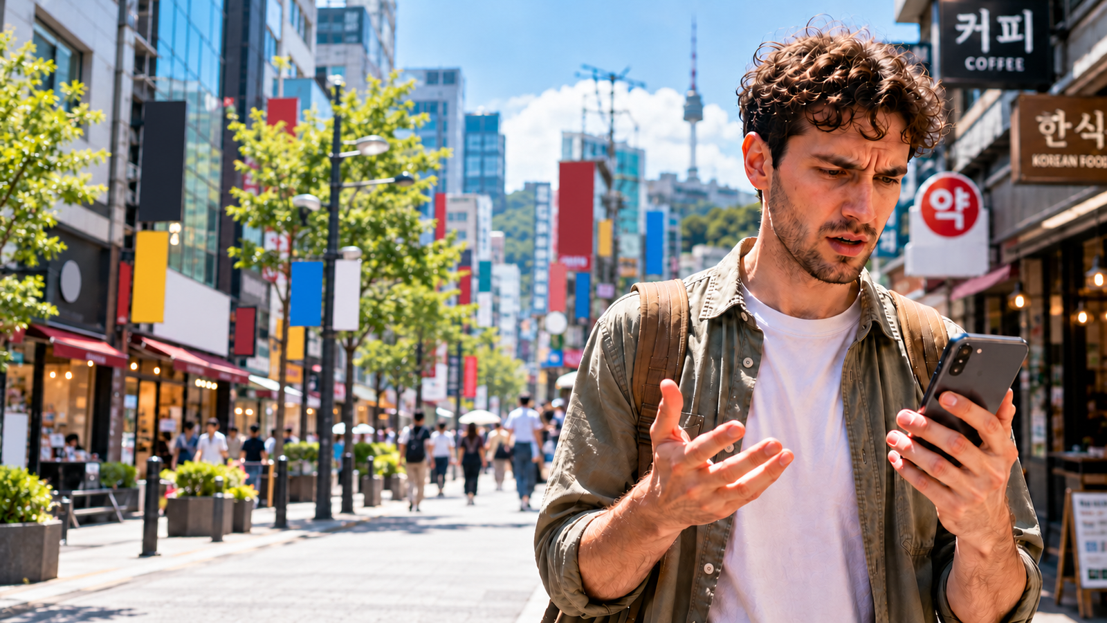 Illustration of a person looking at a smartphone with a puzzled expression on a Seoul street