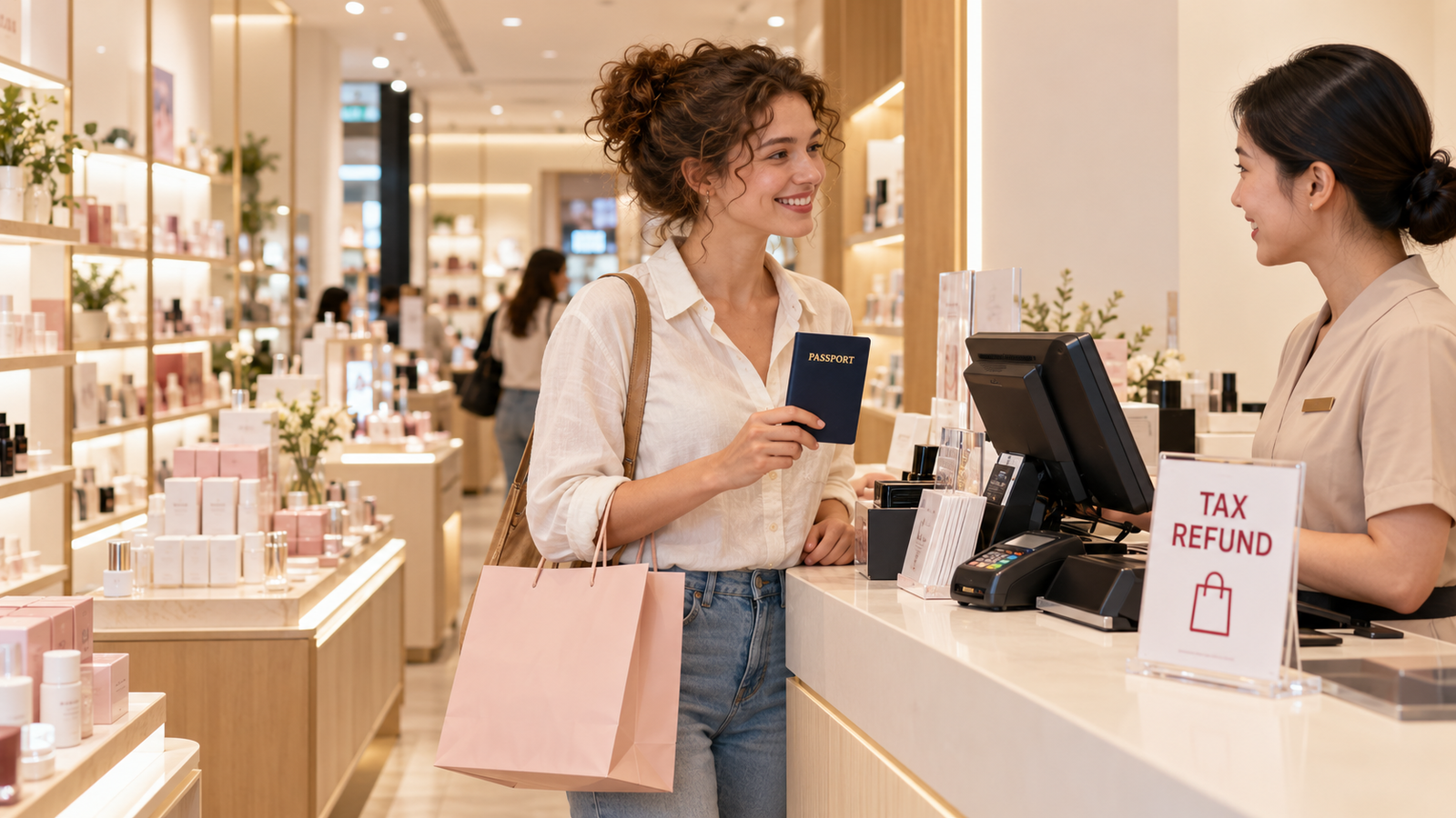 Person holding a passport at a cosmetics store checkout beside a tax refund sign.