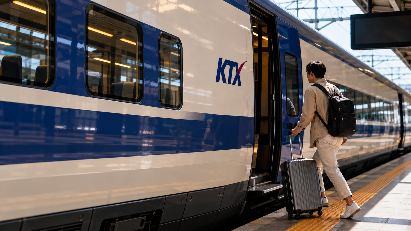 Illustration of a person with a backpack and wheeled suitcase boarding a KTX train