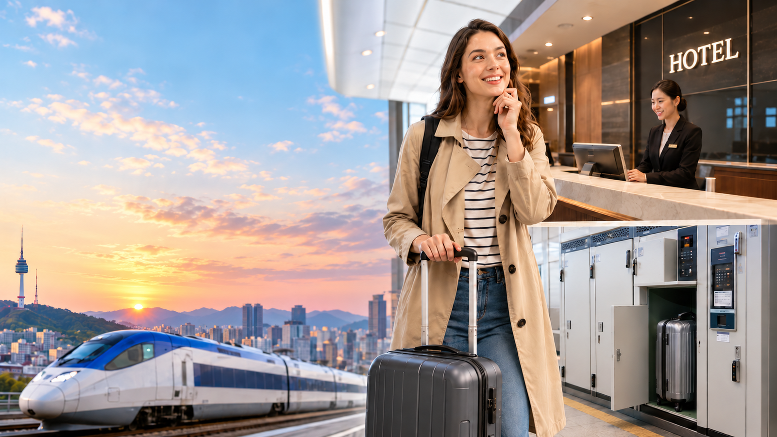 Composite illustration of a person with a suitcase beside a hotel desk, storage lockers and a high-speed train