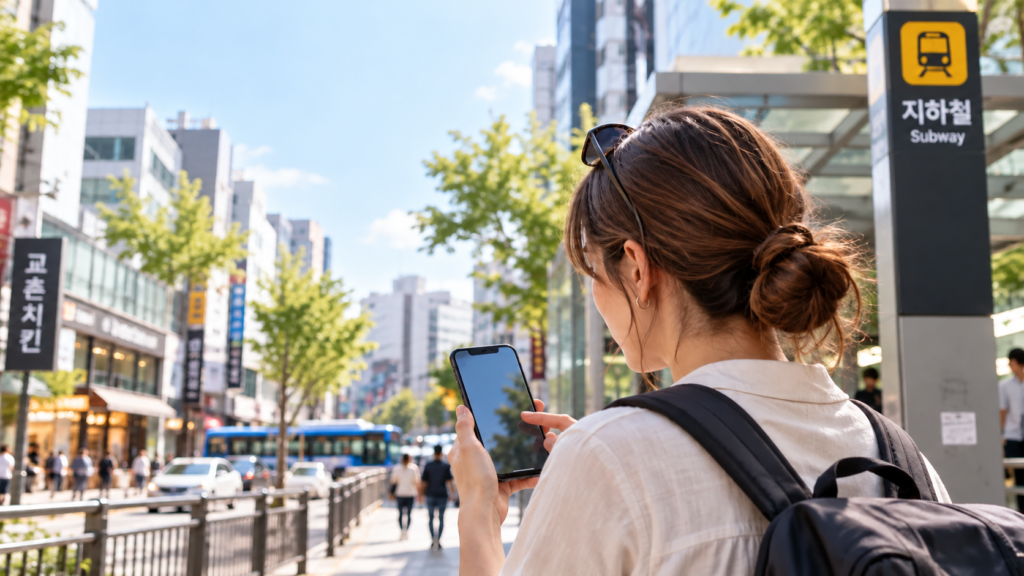 Person looking at a smartphone near a generic subway entrance on a city street