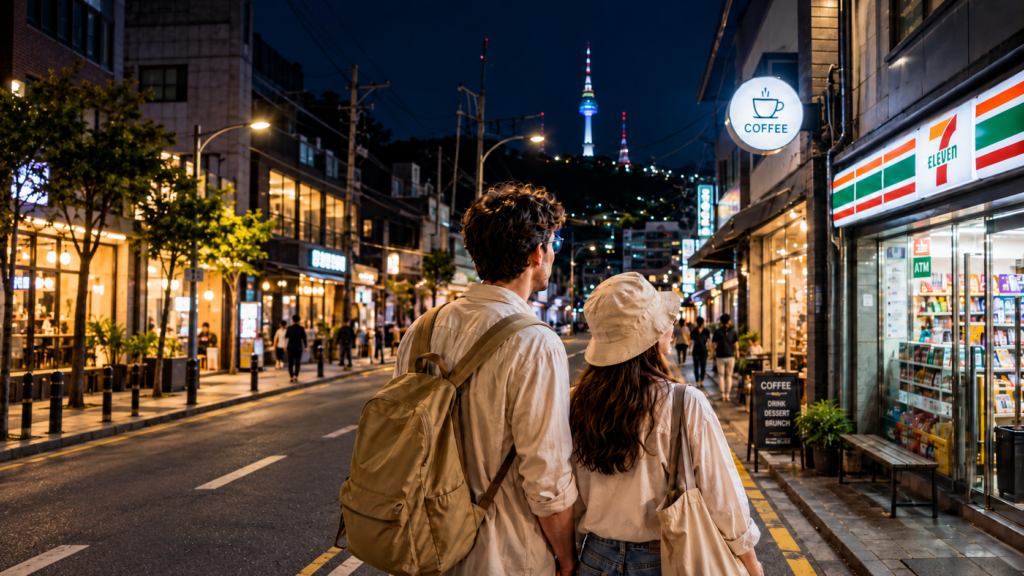 Two people beside a convenience store on a lit city street at night.