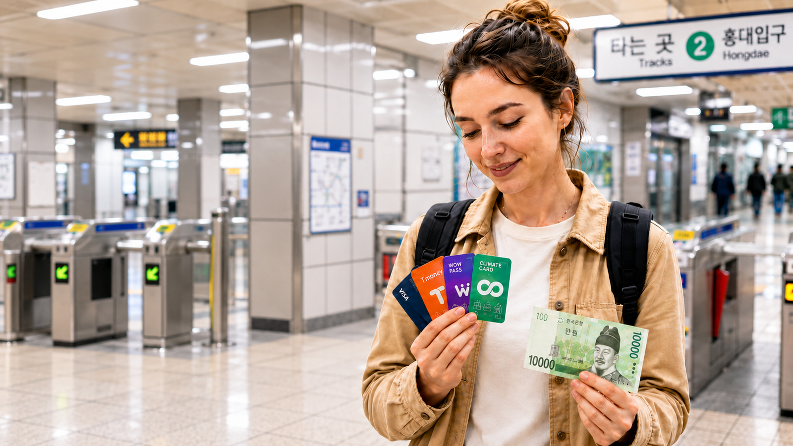 Person holding payment and transit cards and a Korean won banknote in a subway station