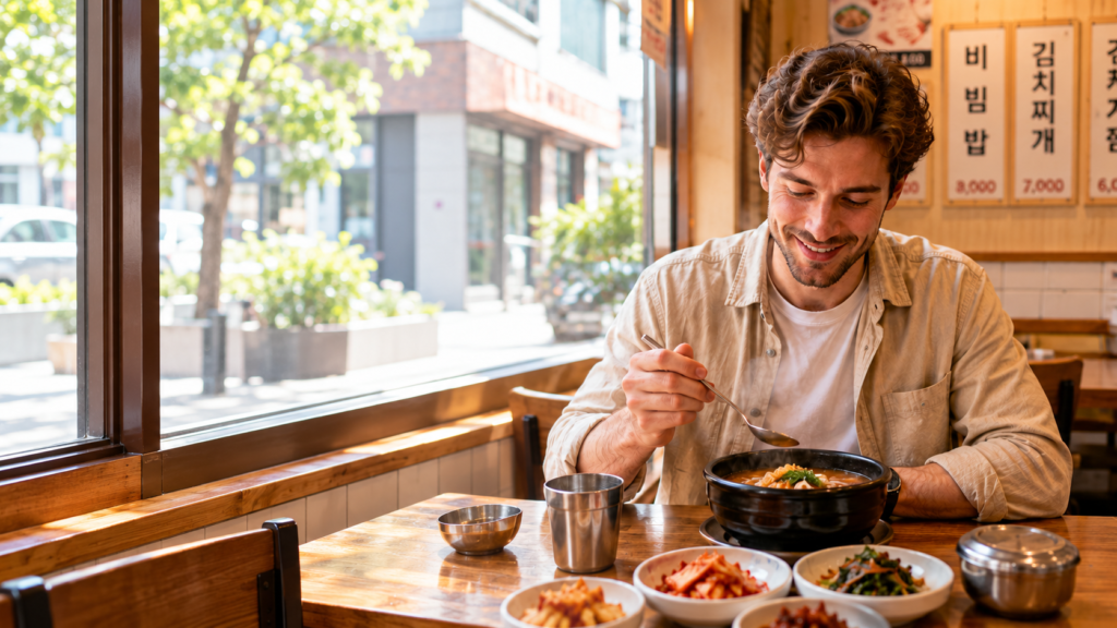 Person eating soup alone at a restaurant table beside a window