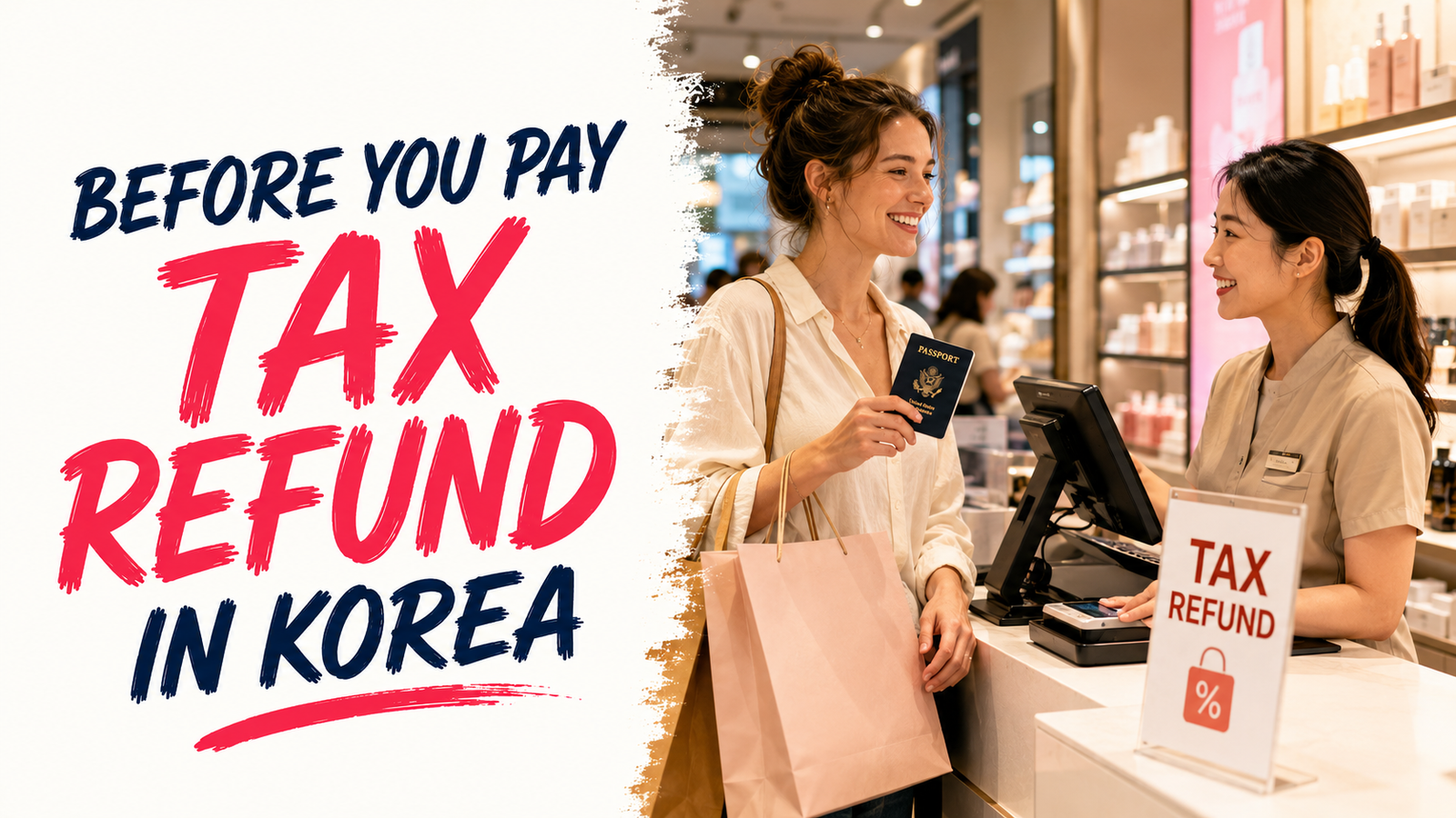 Foreign traveler showing her passport for a tax refund at a Korean store checkout