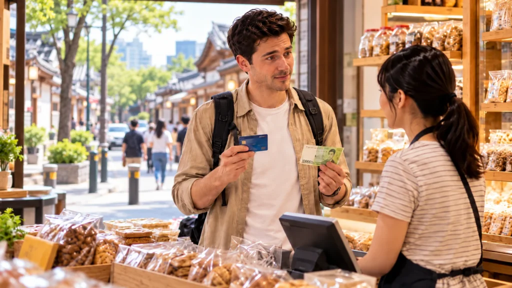 Traveler paying with card and cash at a small shop in Korea