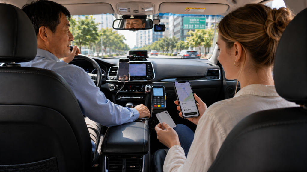 Traveler checking the taxi app before paying by card in a Korean taxi
