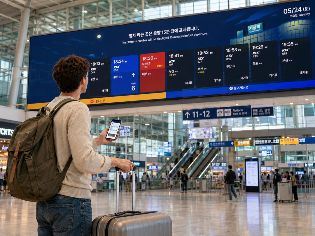 Traveler checking a KTX departure board at a Korean train station
