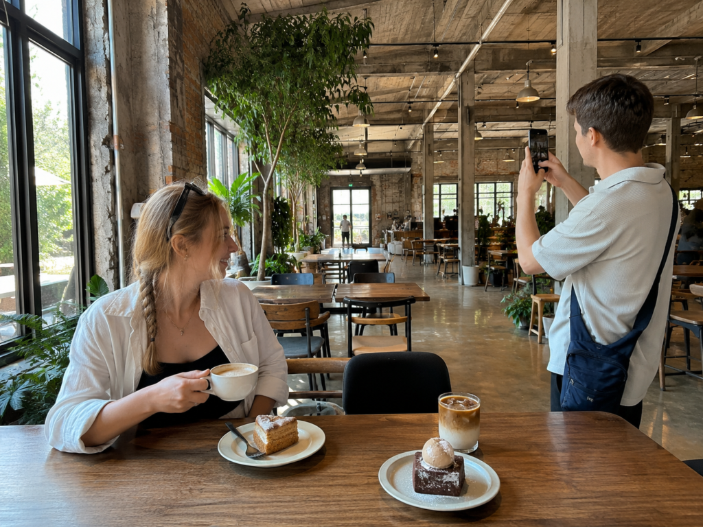 Foreign travelers enjoying a stylish Korean cafe converted from an old factory