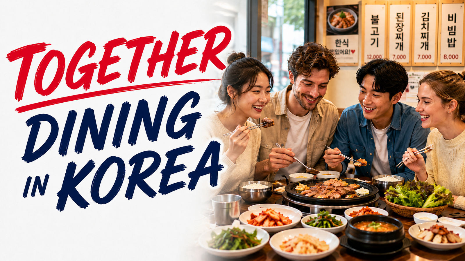 Dining together in Korea with friends sharing Korean barbecue and side dishes at a restaurant