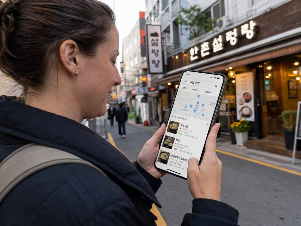 Traveler searching Naver Map to find solo dining in Korea near a subway station