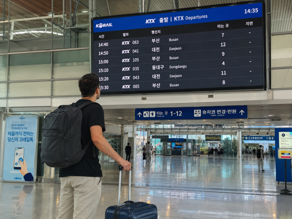 Foreign male traveler with luggage checking the KTX departure board at a railway station in Korea.