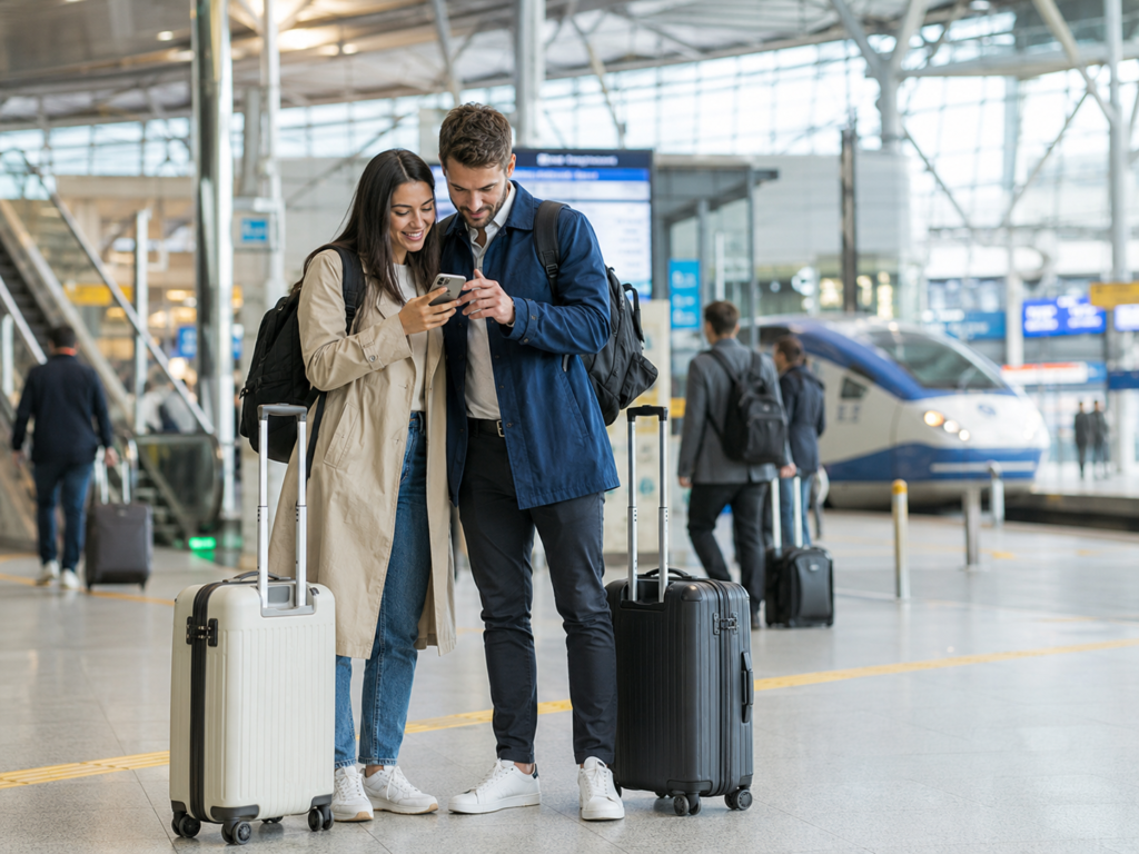 Foreign travelers with luggage checking their KTX booking while transferring at Seoul Station.