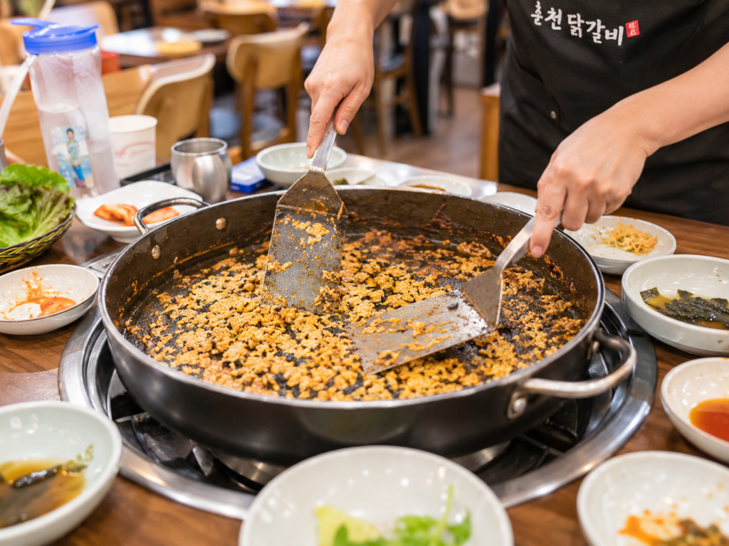 Fried rice being prepared in the pan after a shared Korean meal