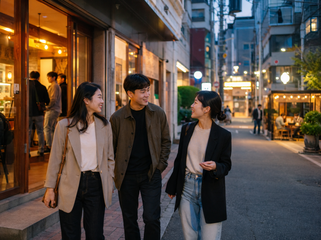 Friends showing why Koreans move to a cafe after eating by walking from a restaurant to a nearby cafe.