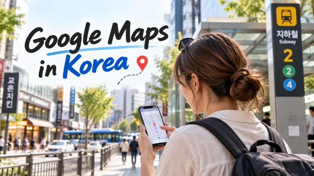 Traveler checking Google Maps near a subway entrance in Korea
