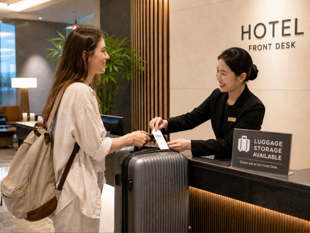 Traveler using hotel luggage storage in Korea before check-in