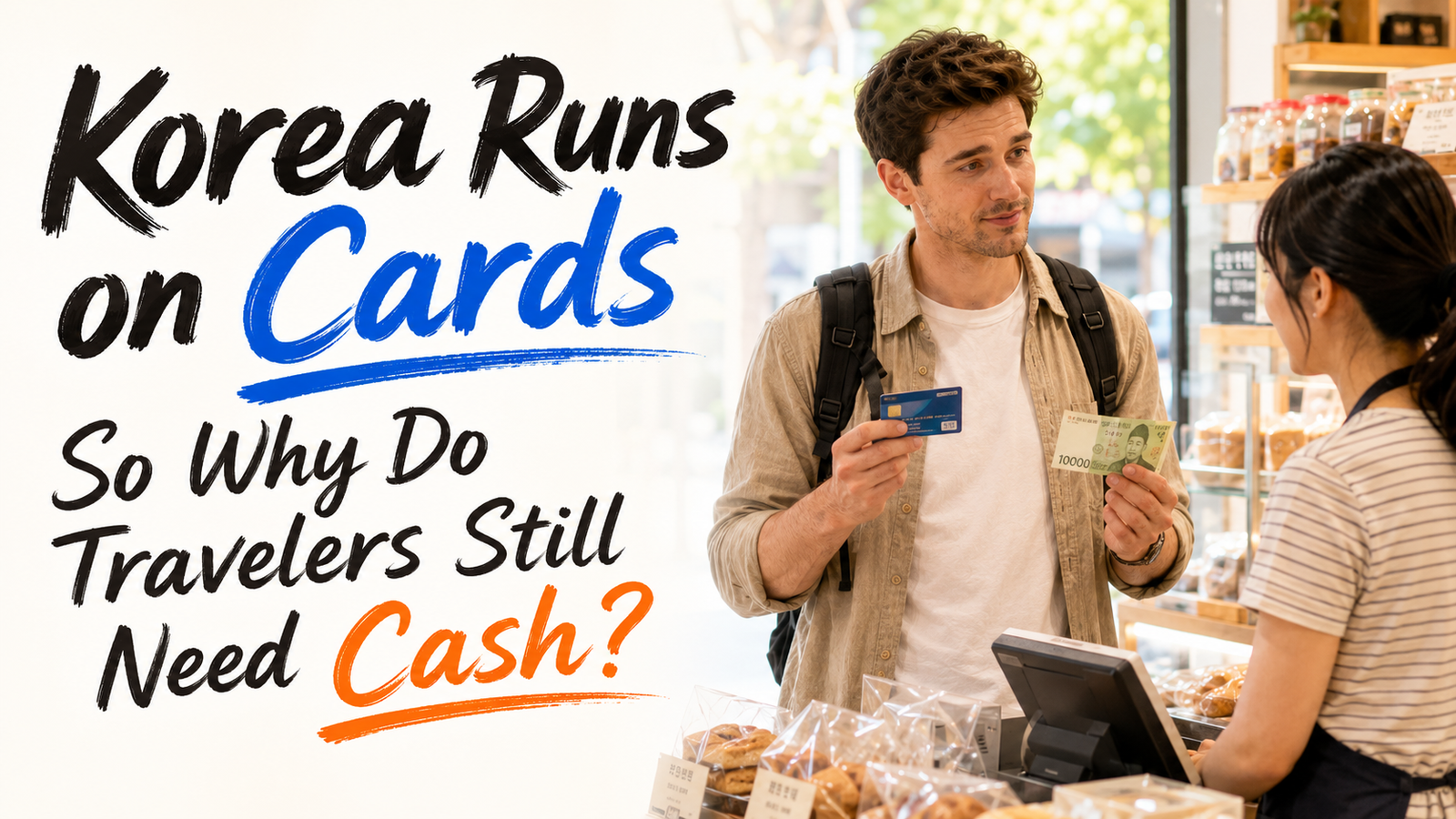 Traveler deciding between card payment and cash in Korea