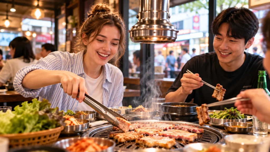 Travelers grilling meat together at a Korean BBQ restaurant