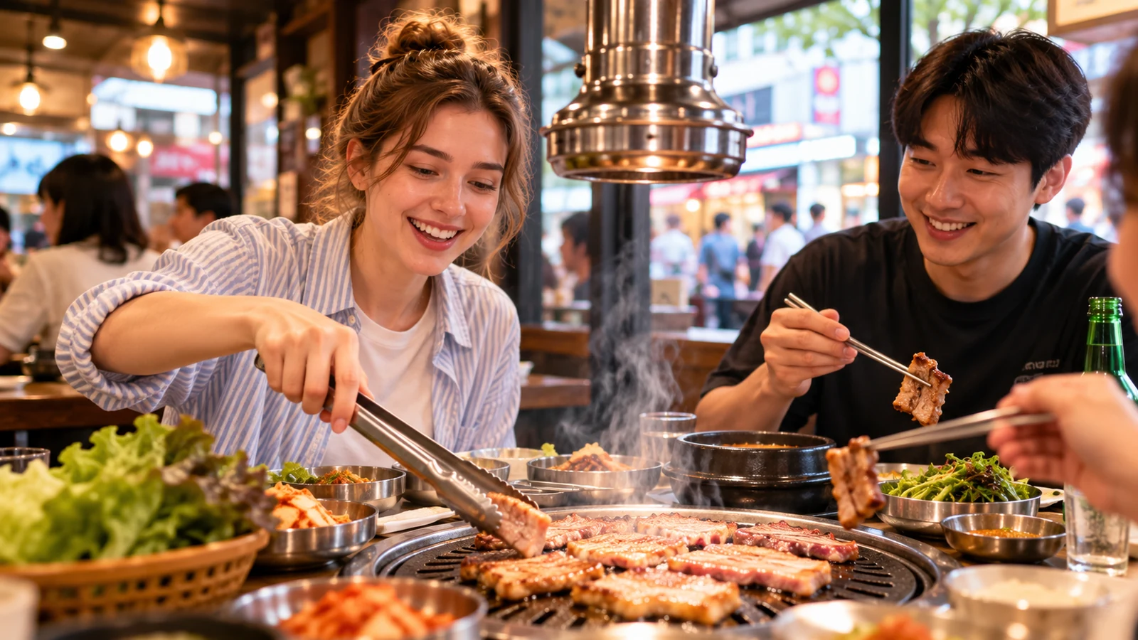 Travelers grilling meat together at a Korean BBQ restaurant