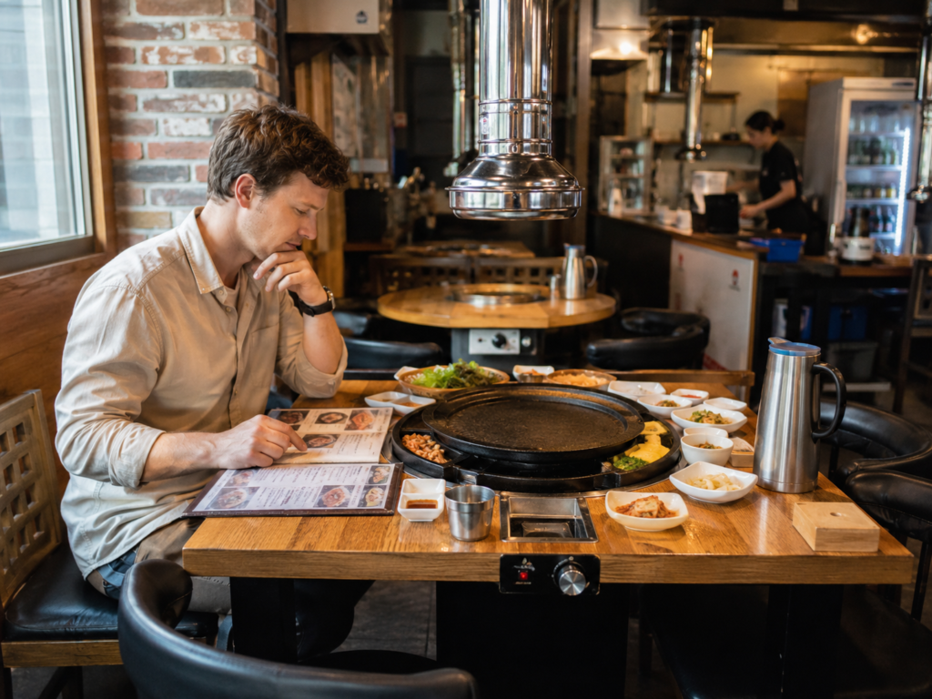 Solo traveler checking a large table grill at a Korean barbecue restaurant