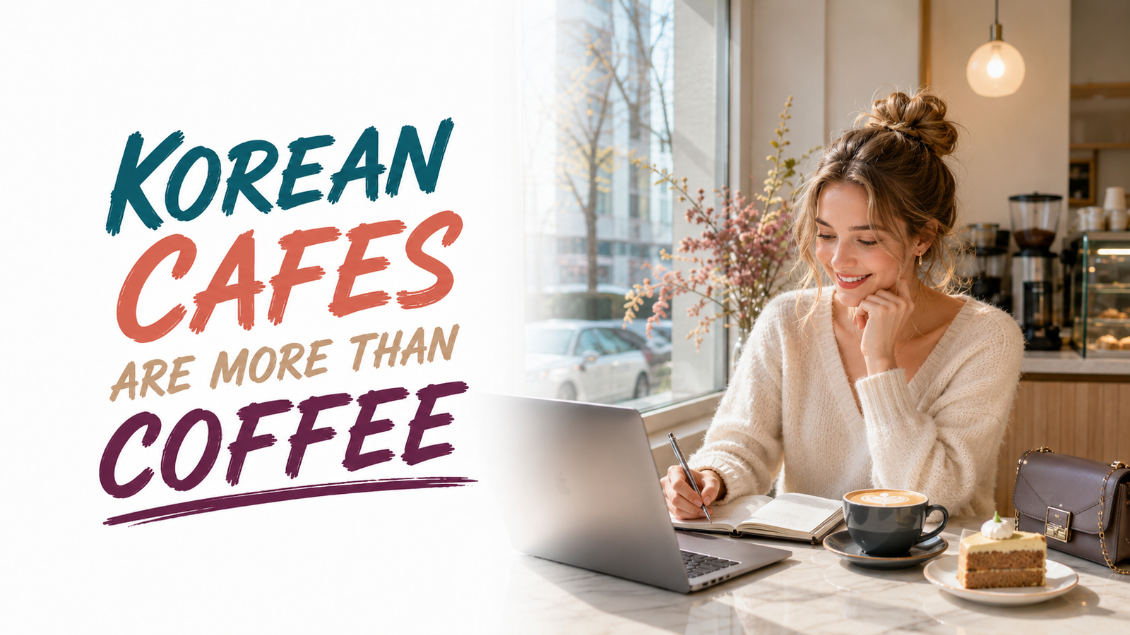 Foreign woman working on a laptop in a stylish Korean cafe with coffee and cake