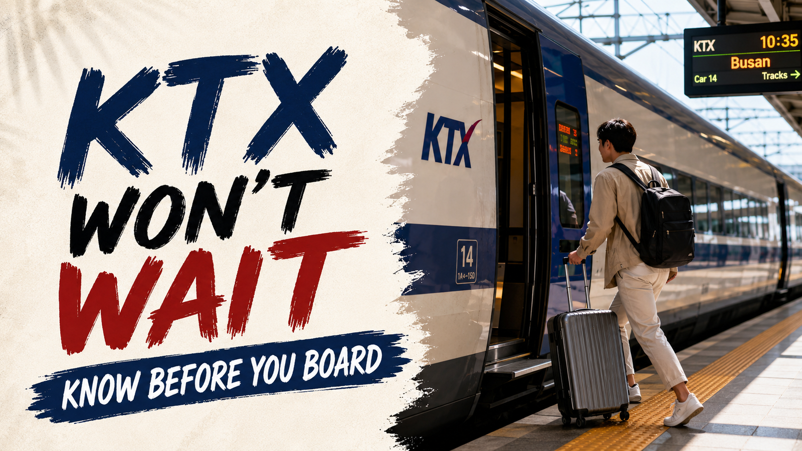 Taking the KTX in Korea: traveler boarding a KTX train at a station platform