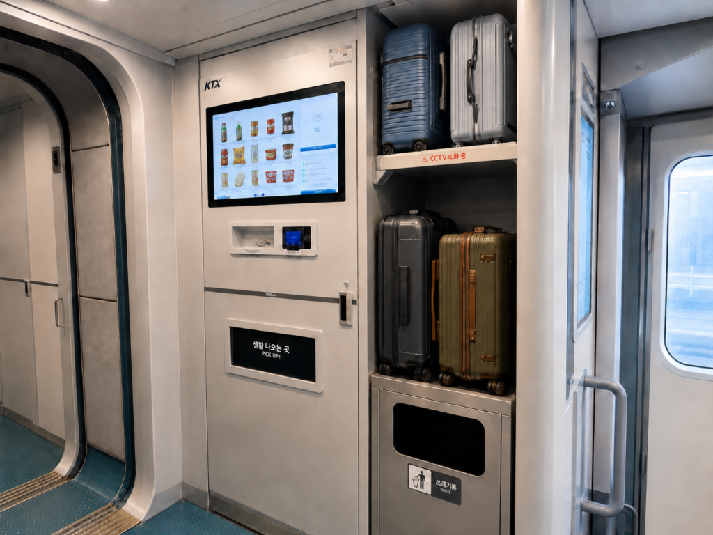 Traveler placing a large suitcase in the luggage area on a KTX train