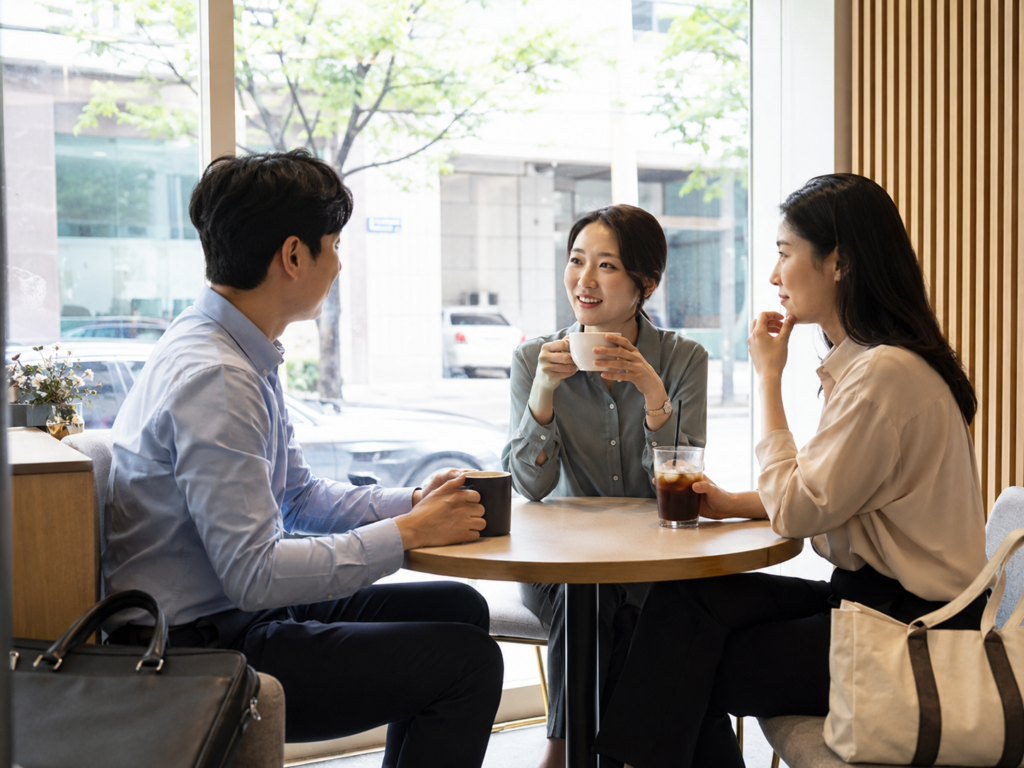 Office workers having a short coffee break after lunch at a cafe in Korea.