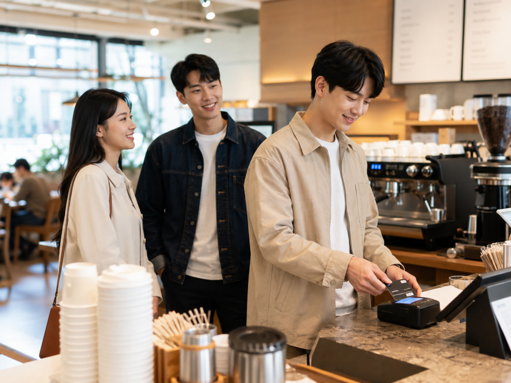 One person paying for the group’s coffee at a cafe in Korea.