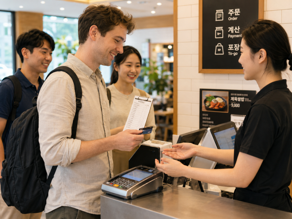 Traveler paying with a paper order slip at a Korean restaurant counter