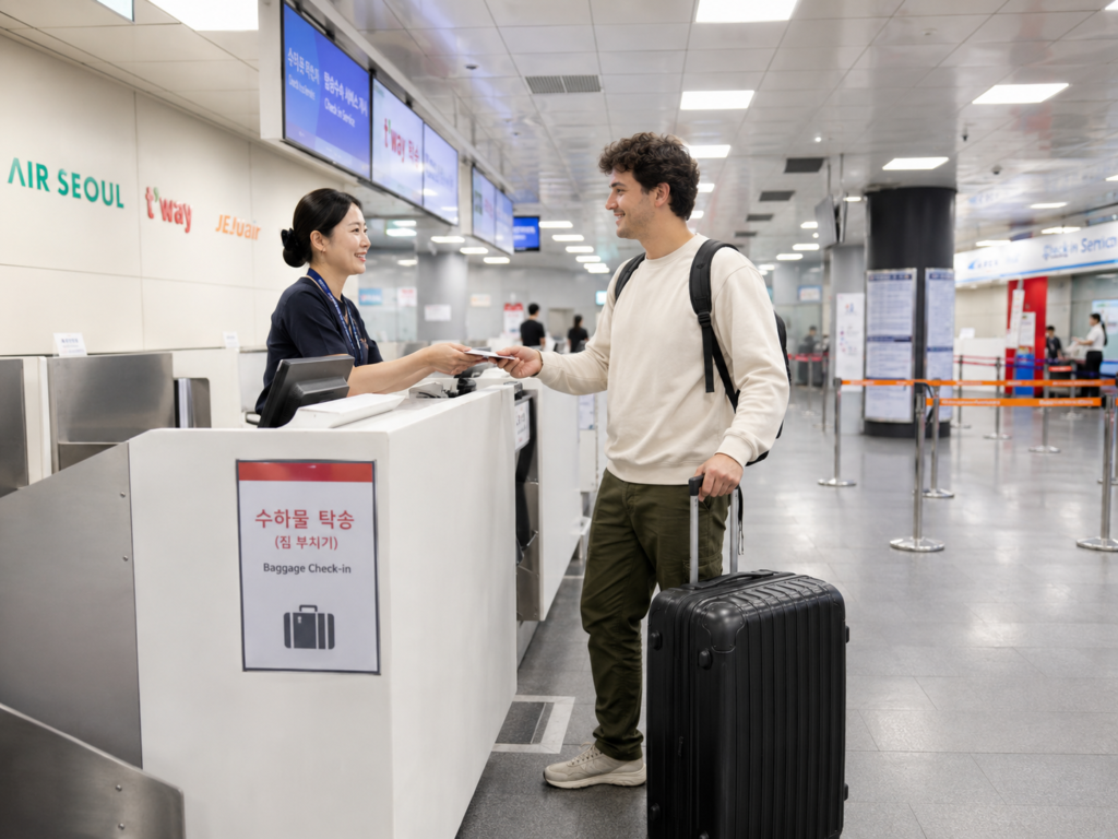 Traveler checking luggage at Seoul Station City Airport Terminal