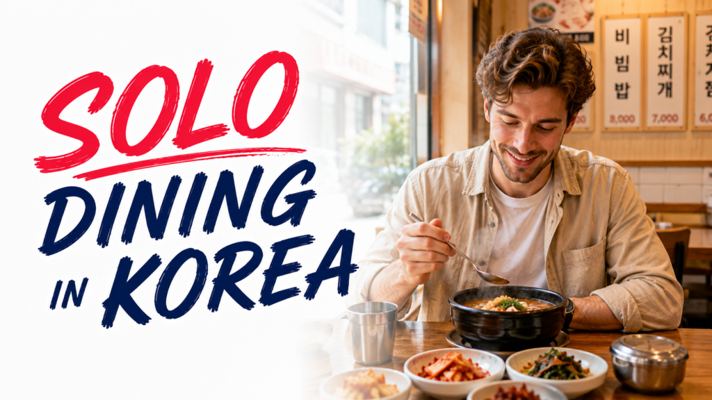 Solo dining in Korea at a casual restaurant with a bowl meal and Korean side dishes