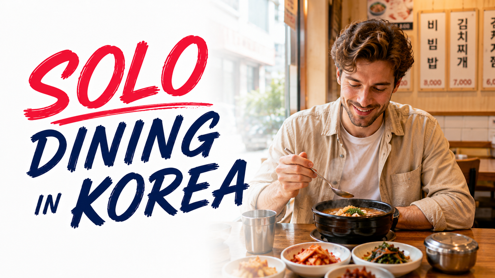 Solo dining in Korea at a casual restaurant with a bowl meal and Korean side dishes