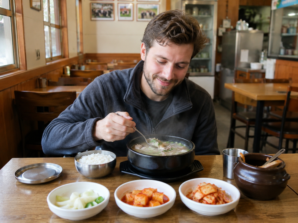 Solo dining in Korea with gukbap and traditional side dishes at a local restaurant
