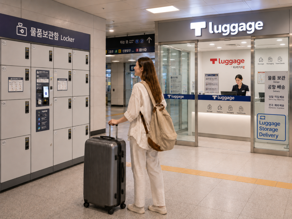 Traveler comparing subway lockers and T-Luggage storage in Seoul