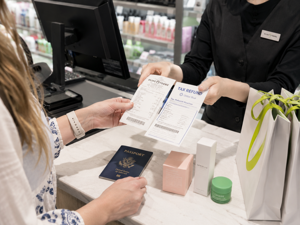 Traveler receiving a tax refund voucher and store receipt at a Korean checkout counter