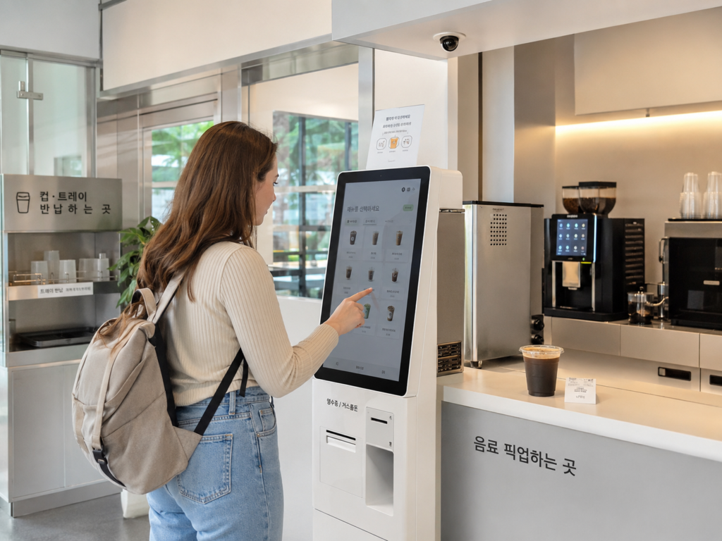 Foreign traveler ordering from a touchscreen inside an unmanned cafe in Korea