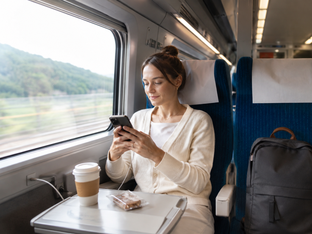 Traveler using a phone and charging it while seated on a KTX train
