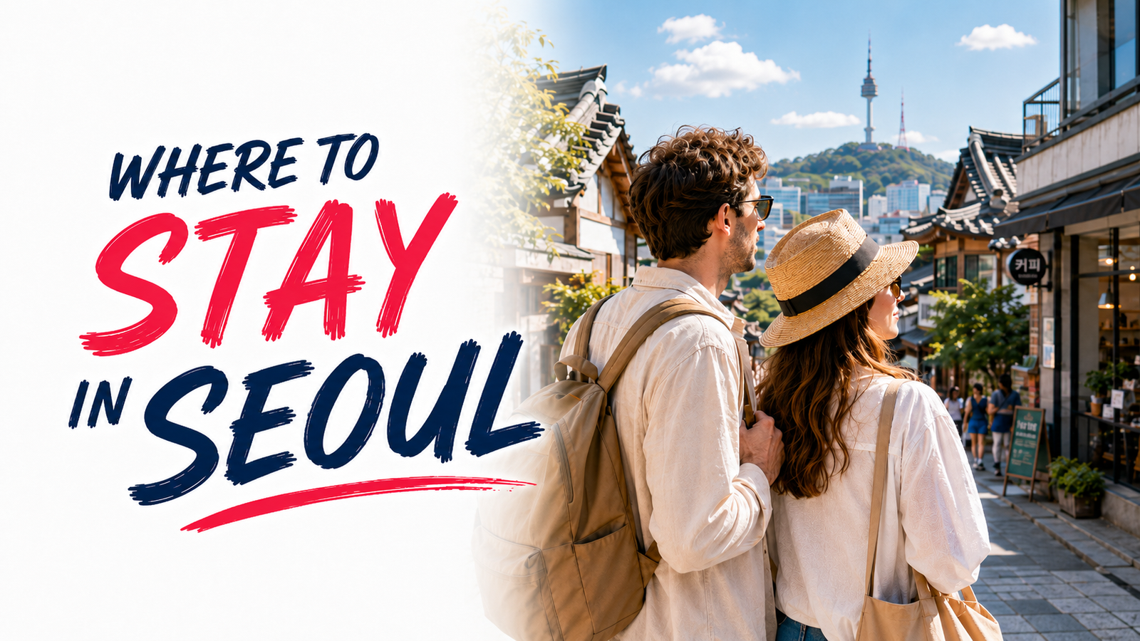 Foreign travelers choosing where to stay in Seoul with a Korean neighborhood street and N Seoul Tower in the background