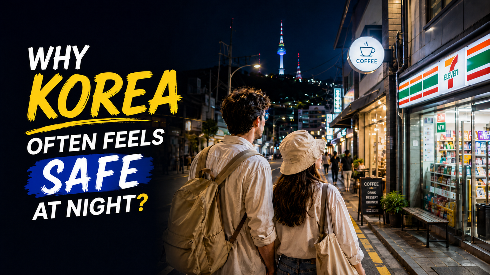 Why Korea often feels safe at night, with travelers walking along a bright Seoul street near cafés and a convenience store