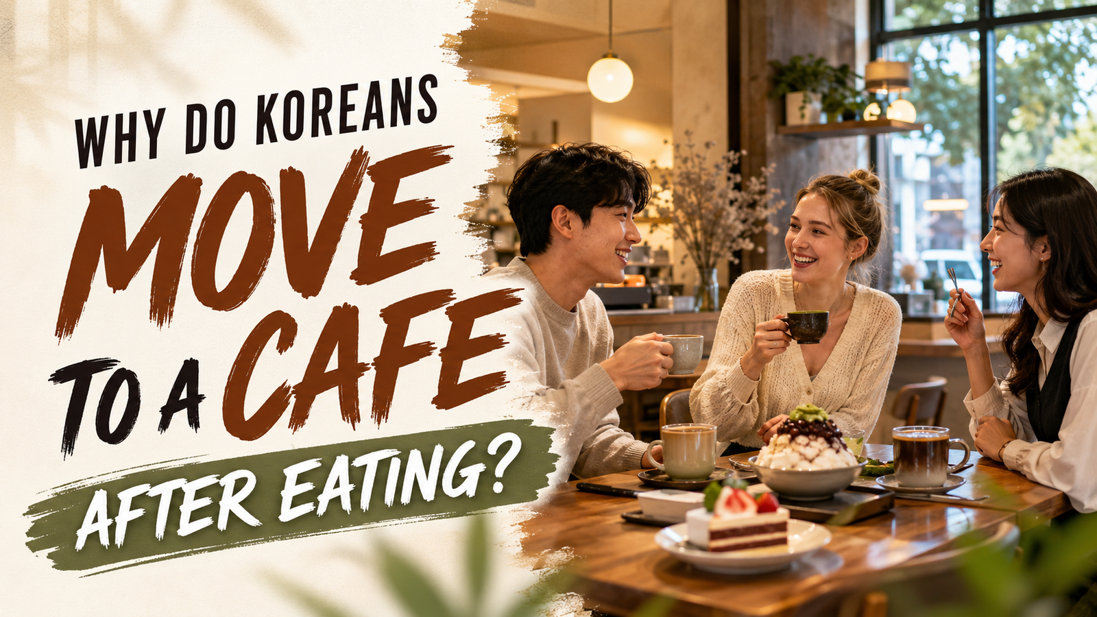 Friends talking over coffee, cake, and bingsu in a modern Korean cafe after a meal.