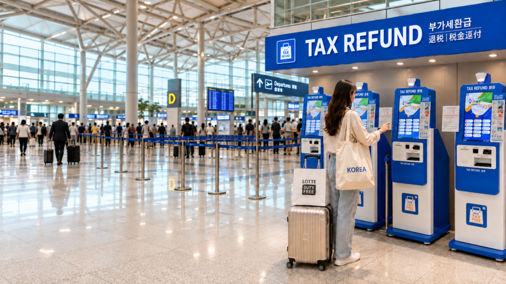 Person with a suitcase beside tax refund kiosks at an airport.