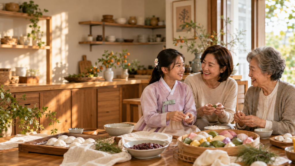 Three people making songpyeon together, including a child wearing a pink hanbok
