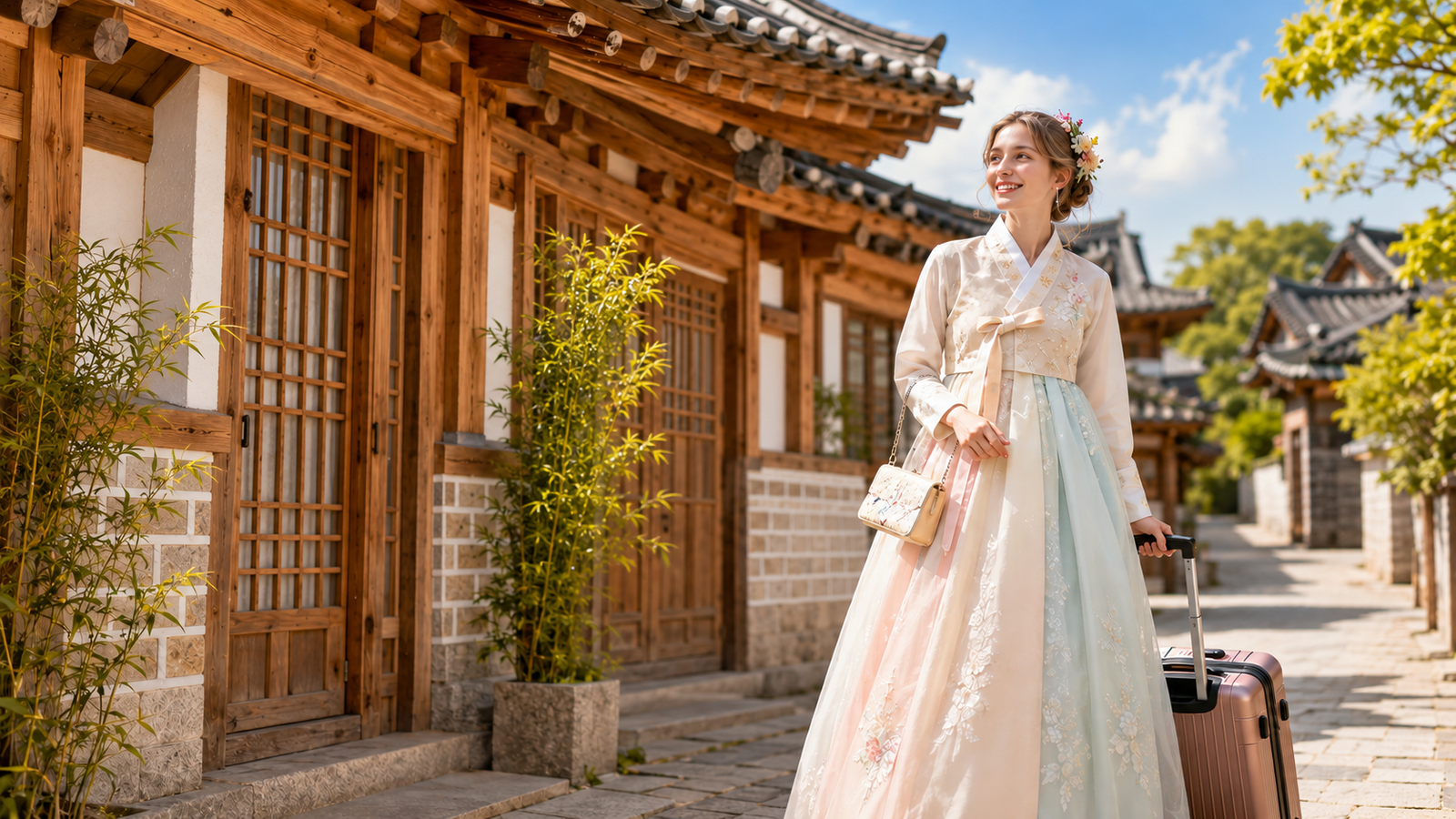 Person in a pastel hanbok standing with a suitcase on a hanok-lined lane