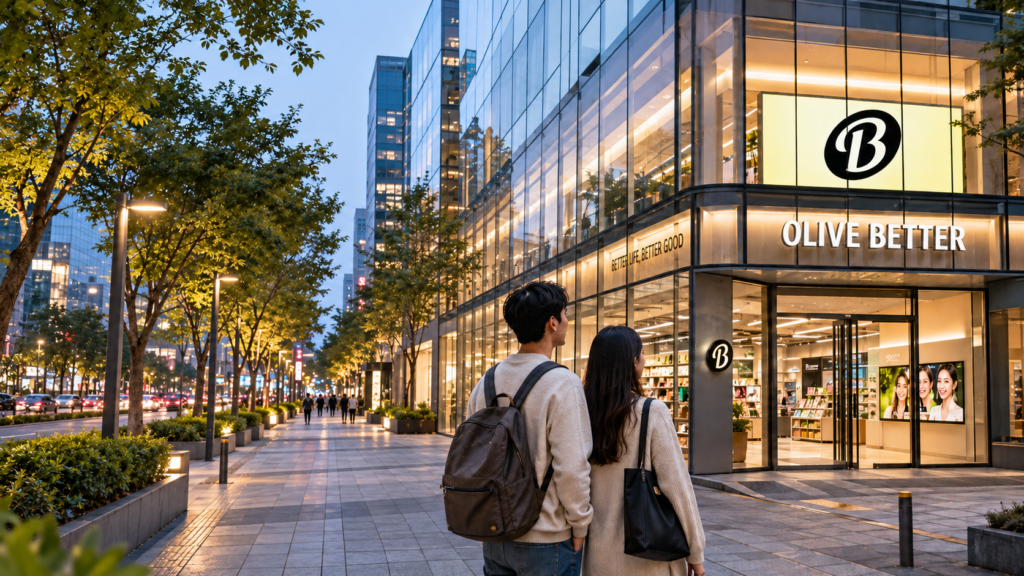 Illustration of two people looking toward a glass-fronted Olive Better store at dusk
